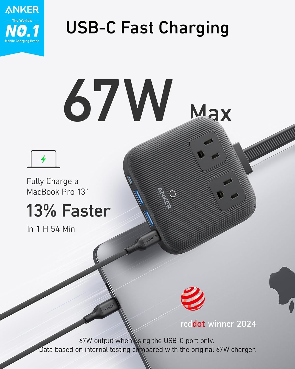 Anker Nano Charging Station(67W Max), 6-in-1 USB-C Power Strip for iPhone 16/15 and MacBook, with Flat Plug and 5ft Thin Undetachable Extension Cord,2 AC,2 USB-A,2 USB-C, for Home&Office