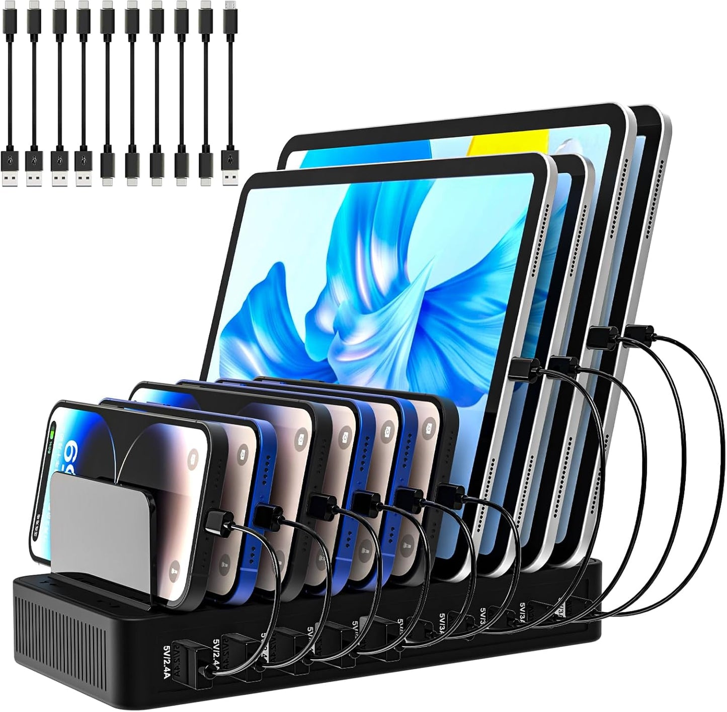 Charging Station for Multiple Devices, 100W 10 Ports Flat Plug Charging Dock with 10 Cables Smart IC Tech and Adjustable Dividers Type-C，Multi USB Charger for iPhone Galaxy iPad Tablet，Black