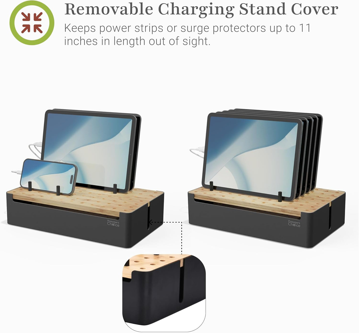 Prosumer's Choice Black Wooden Charging Station Organizer for Multiple Devices - Cable Management Box with 5 Slots and Removable Dividers - Charger Organizer for Phone, Tablet, Home, Office, 12"x6"x7"