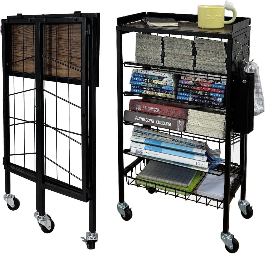 Lumizone Foldable Book Cart 6-Tier Large Capacity Bookshelf Single Sided V-Shaped Sloped Shelves With brake Wheels With PegBoard Slim Rolling Utility Cart Storage Rack, Home Shelves and Office (Black)