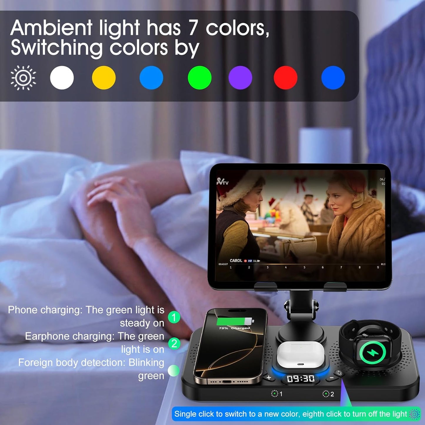 30W Charging Station for Apple Products, Foldable Wireless Charger with Clock Display&7 Color Light, Wired Charging for iPad/Tablet Charging Station for iPhone17, for Apple Watch10 for AirPods4(Black