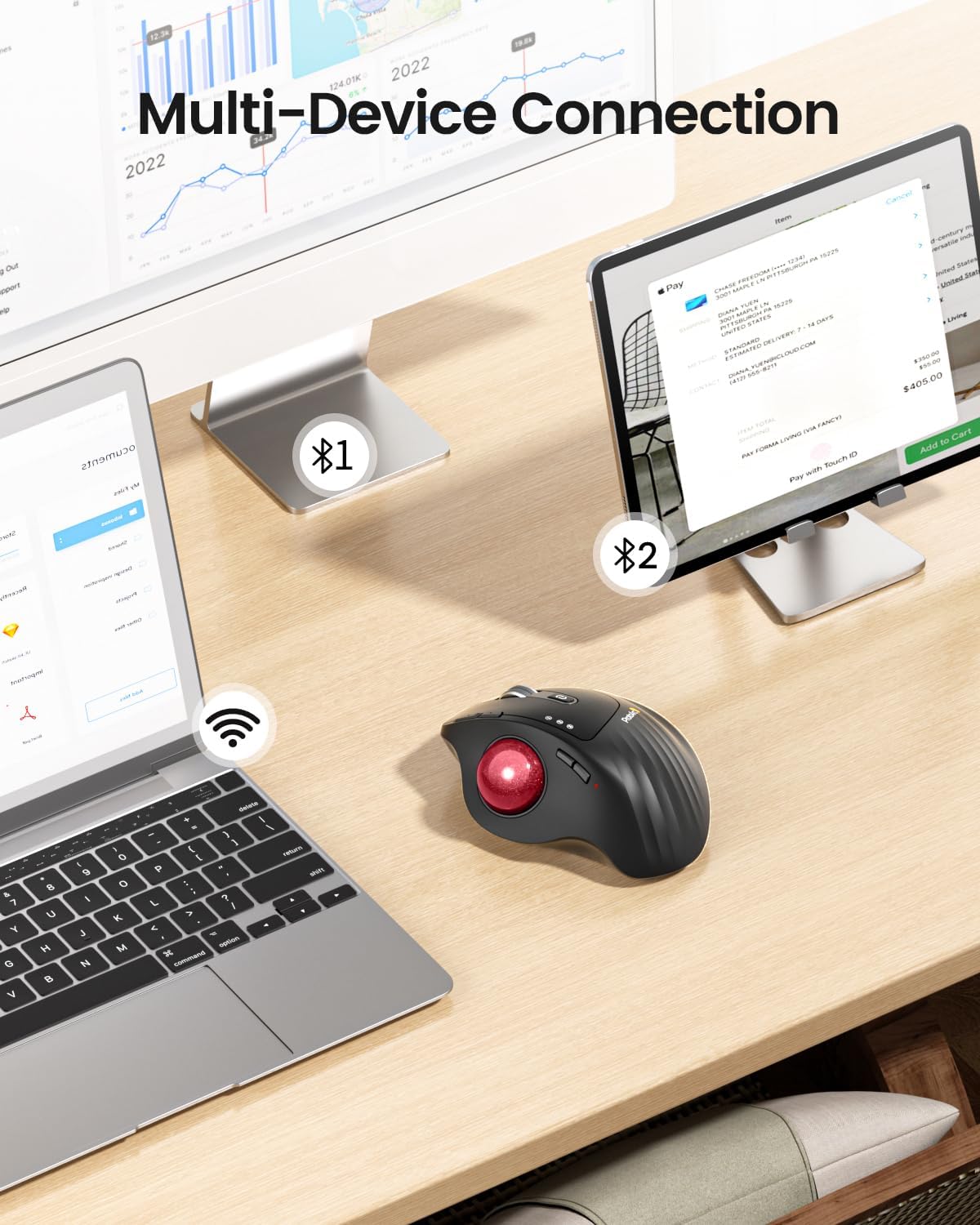 ProtoArc Wireless Trackball Mouse, EM01 NL Ergonomic Bluetooth Rollerball Thumb Rechargeable Computer Laptop Mouse, Adjustable Angle & 3 Device Connection for PC, Mac, Windows-Red Ball