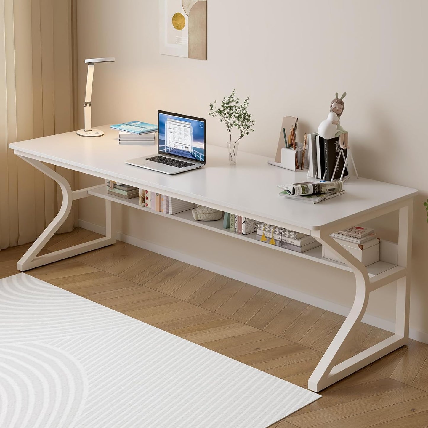 Extra Long Desk with Bookshelf - 71" Double Long Writing Table for 2-Person Workstation, Modern Study Work Computer Desk for Home and Office, Warm White