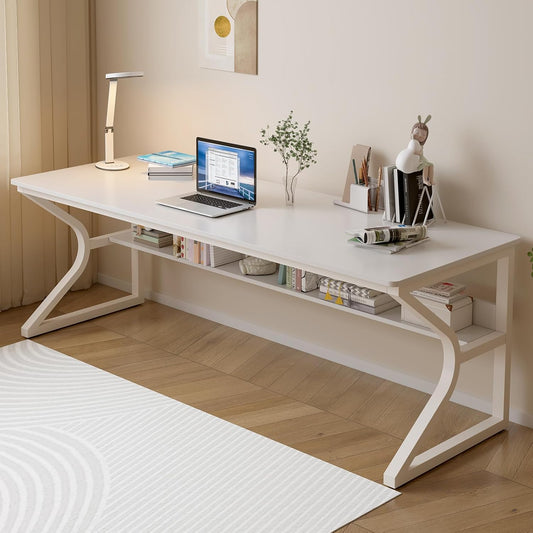 Extra Long Desk with Bookshelf - 71" Double Long Writing Table for 2-Person Workstation, Modern Study Work Computer Desk for Home and Office, Warm White