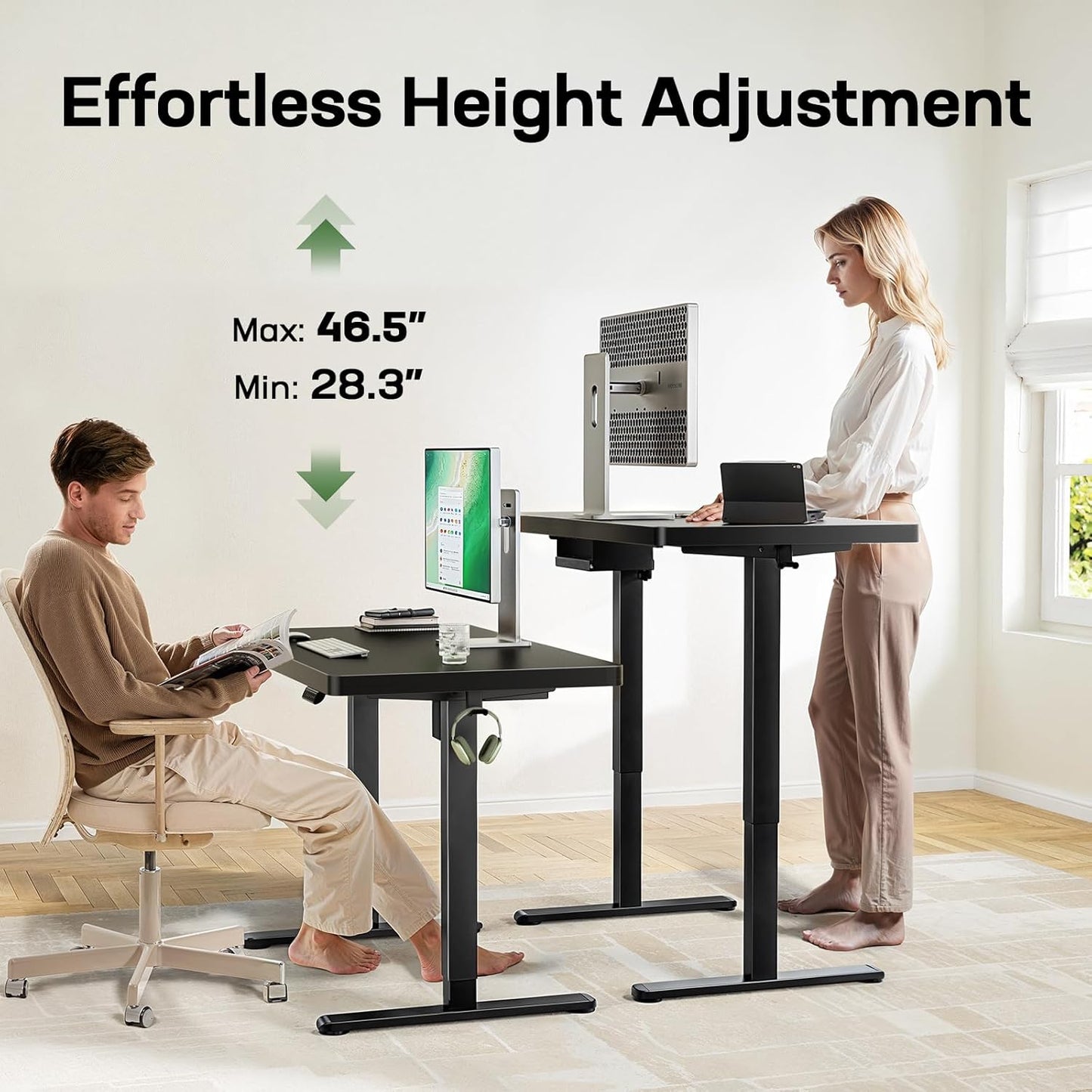 Marsail 48 x 30 Electric Standing Desk with One-Piece Desktop, Sit Stand Desk with Thickened Tabletop, Height Adjustable Stand Up Desk with Cable Management for Home Office(Frame+Desktop, 2 Packages)