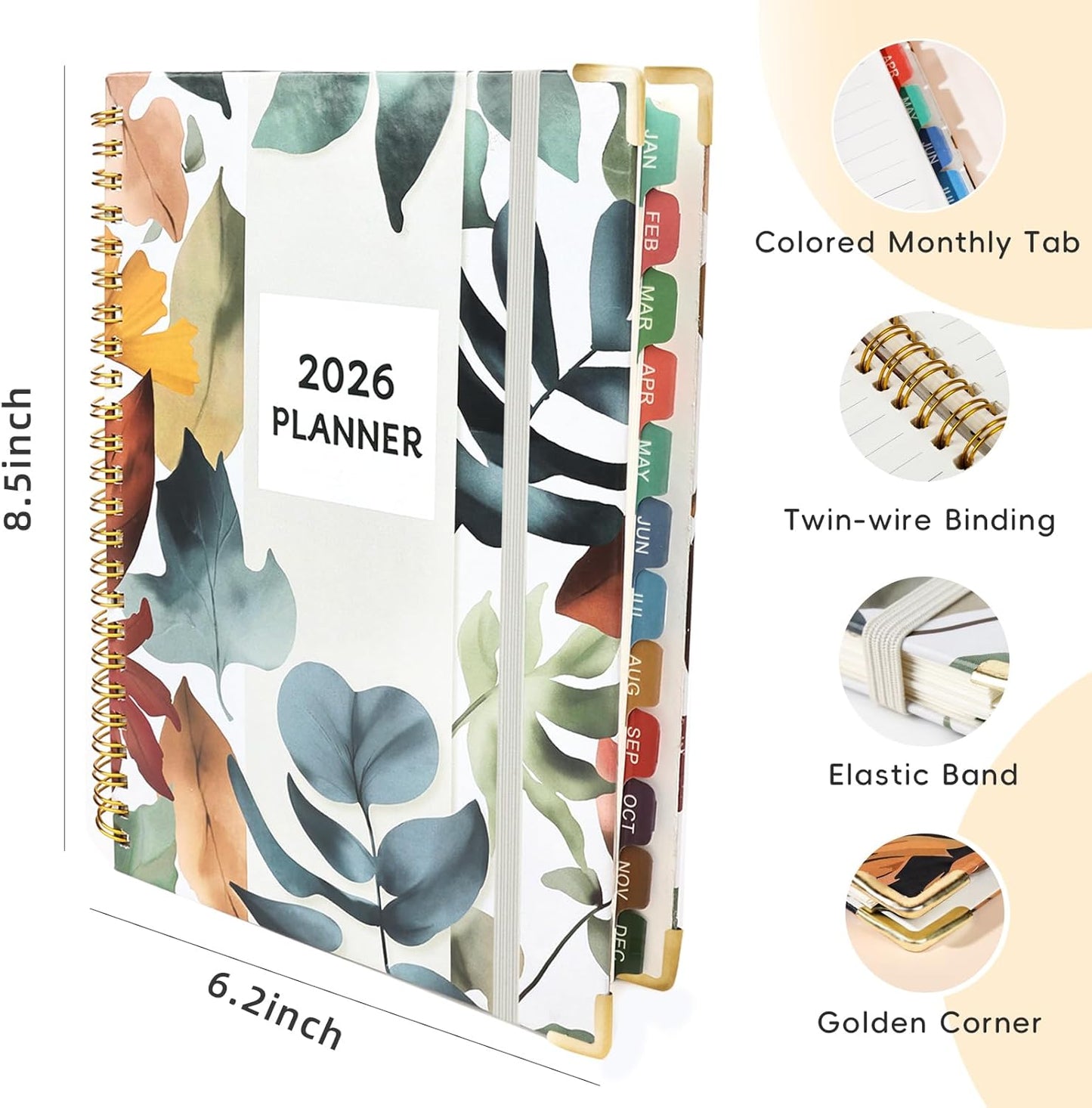 2026 Planner, A5 (6.3"x 8.5") Planner 2026 Jan-Dec, Monthly/Weekly/Daily Tabs with Contacts & Holidays, Hard Cover, Organizer for School and Business Supplies (Leaf)