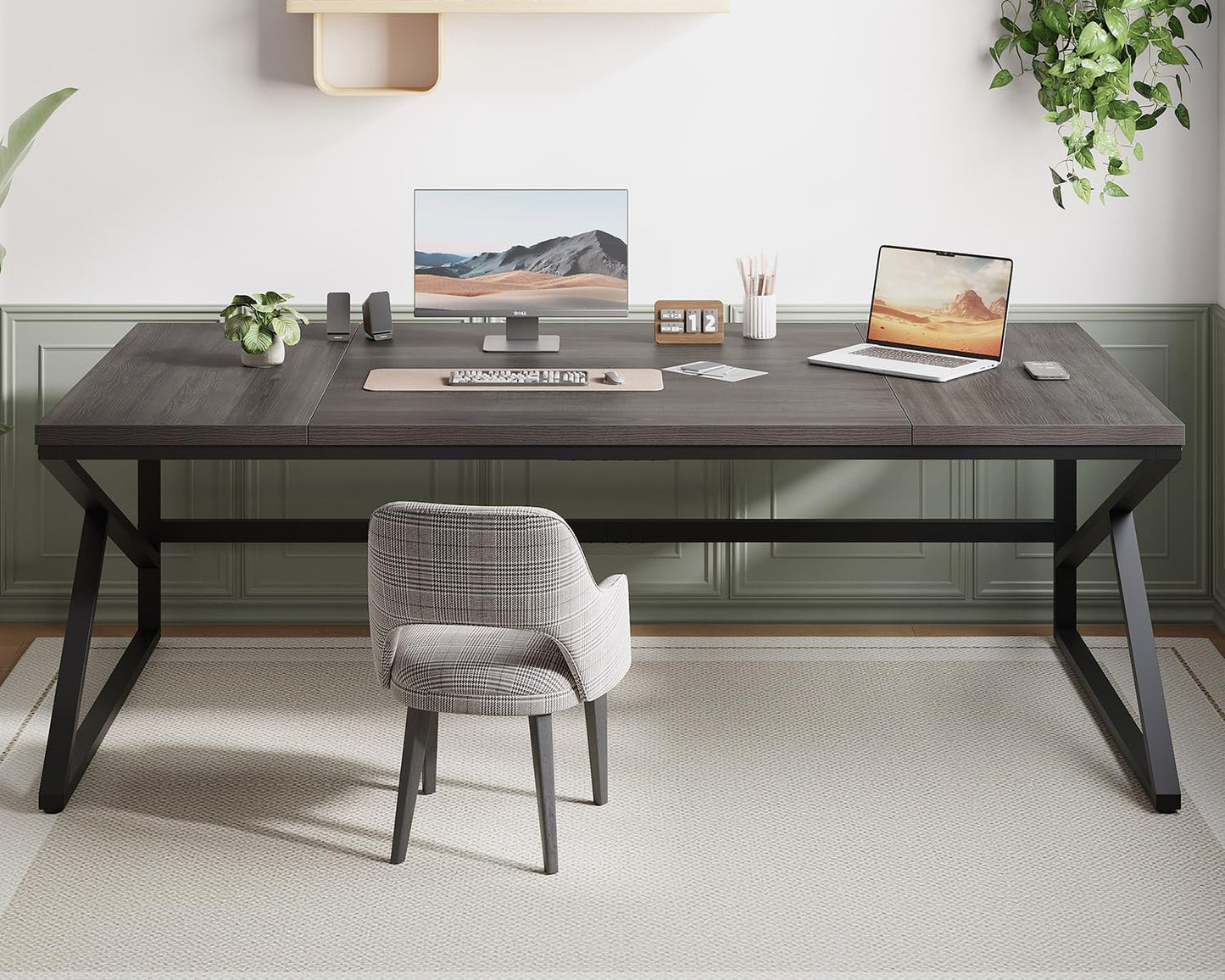 HSH Extra Long Home Office Desk, Industrial Metal Wood Computer Desk, Large PC Laptop Table for Two Person Executive Writing Work Study Gaming, Bedroom Living Room Dual Monitor Desk, Dark Gray,78 Inch