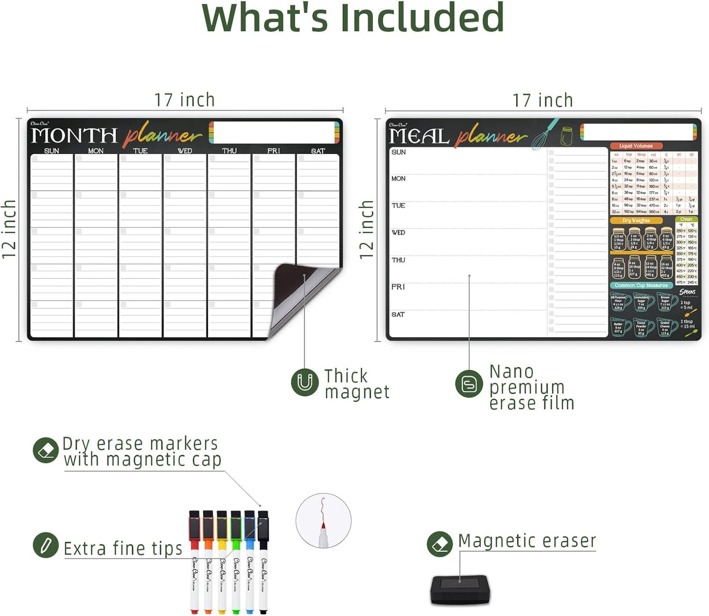 Magnetic Dry Erase Monthly Calendar and Menu Board - 17"x12" Monthly Planner and Meal Planning Board for Fridge - 6 Extra Fine Point Markers Included - Shipped Flat