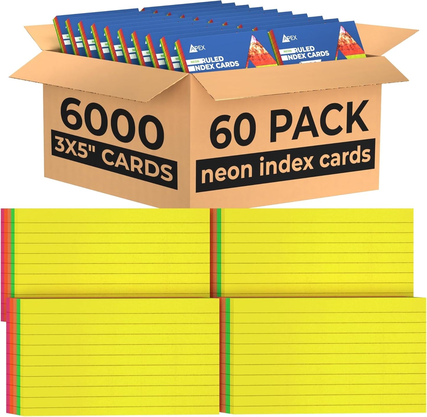 Index Cards Bulk (6000 Cards), Neon Flash Cards For Studying, Note Cards, Flashcards, Index Cards 3x5, Notecards, 100 Per Pack, (60 Pack)