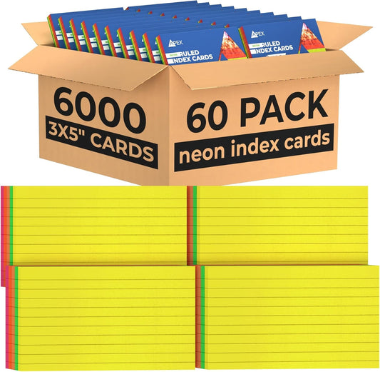 Index Cards Bulk (6000 Cards), Neon Flash Cards For Studying, Note Cards, Flashcards, Index Cards 3x5, Notecards, 100 Per Pack, (60 Pack)