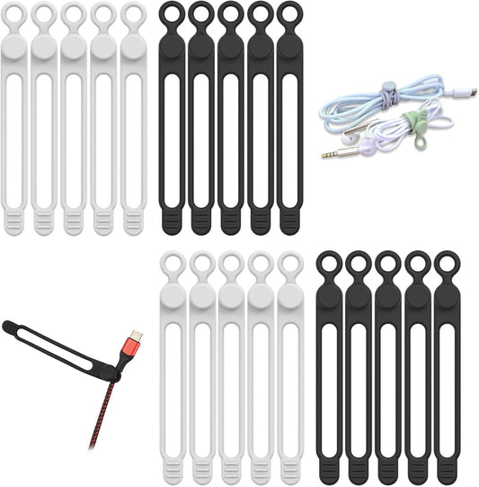 20pcs Silicone Cable Ties,Reusable Cable Management Organizer, Wire Ties，Travel Cord Ties，Cord Organizer for Bundling Cable Cords in Home,Office,Kitchen,School(White Black)