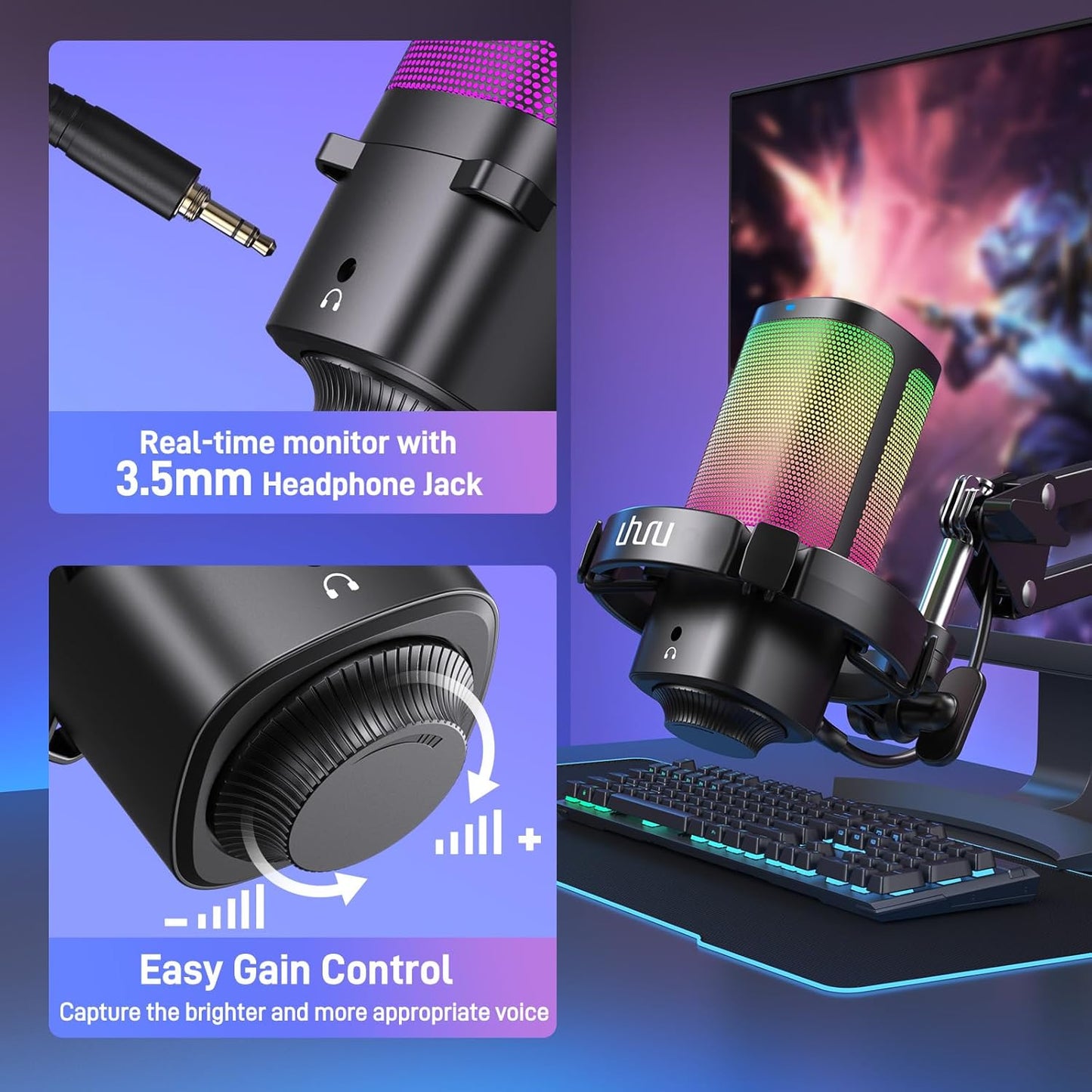 UHURU Gaming USB Microphone for PC, Computer Mic with Controllable RGB for PS4/5 Gamers, Podcast Mic with Boom Arm, Noise Cancellation, Mute Button, Gain Knob for Streaming Discord Twitch-UM2S