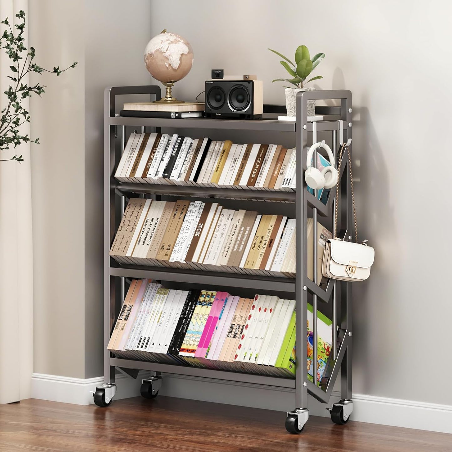 Bookshelf Movable Book Cart Multi-Layer Storage Rack Large-Capacity Rolling Cart L-Shaped Carbon Steel Shelf Suitable for Storing Books, Magazines, Newspapers, Shoes