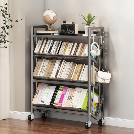 Bookshelf Movable Book Cart Multi-Layer Storage Rack Large-Capacity Rolling Cart L-Shaped Carbon Steel Shelf Suitable for Storing Books, Magazines, Newspapers, Shoes