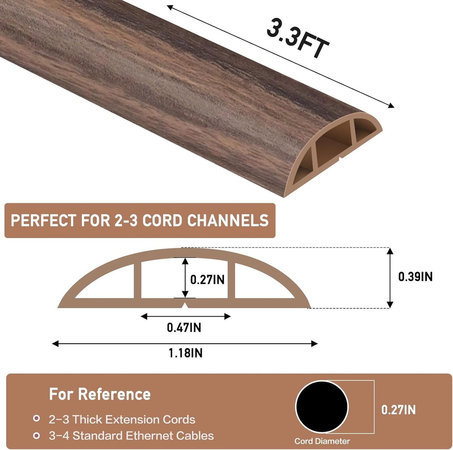 Floor Cord Cover Self Adhesive Cord Hider Floor Extension Cord Covers for Floor Power Cord Protector Cable Management Prevent Cable Trips Cable Cavity 0.47" W x 0.27" H (Smoked Brown Wood, 3.3Ft)