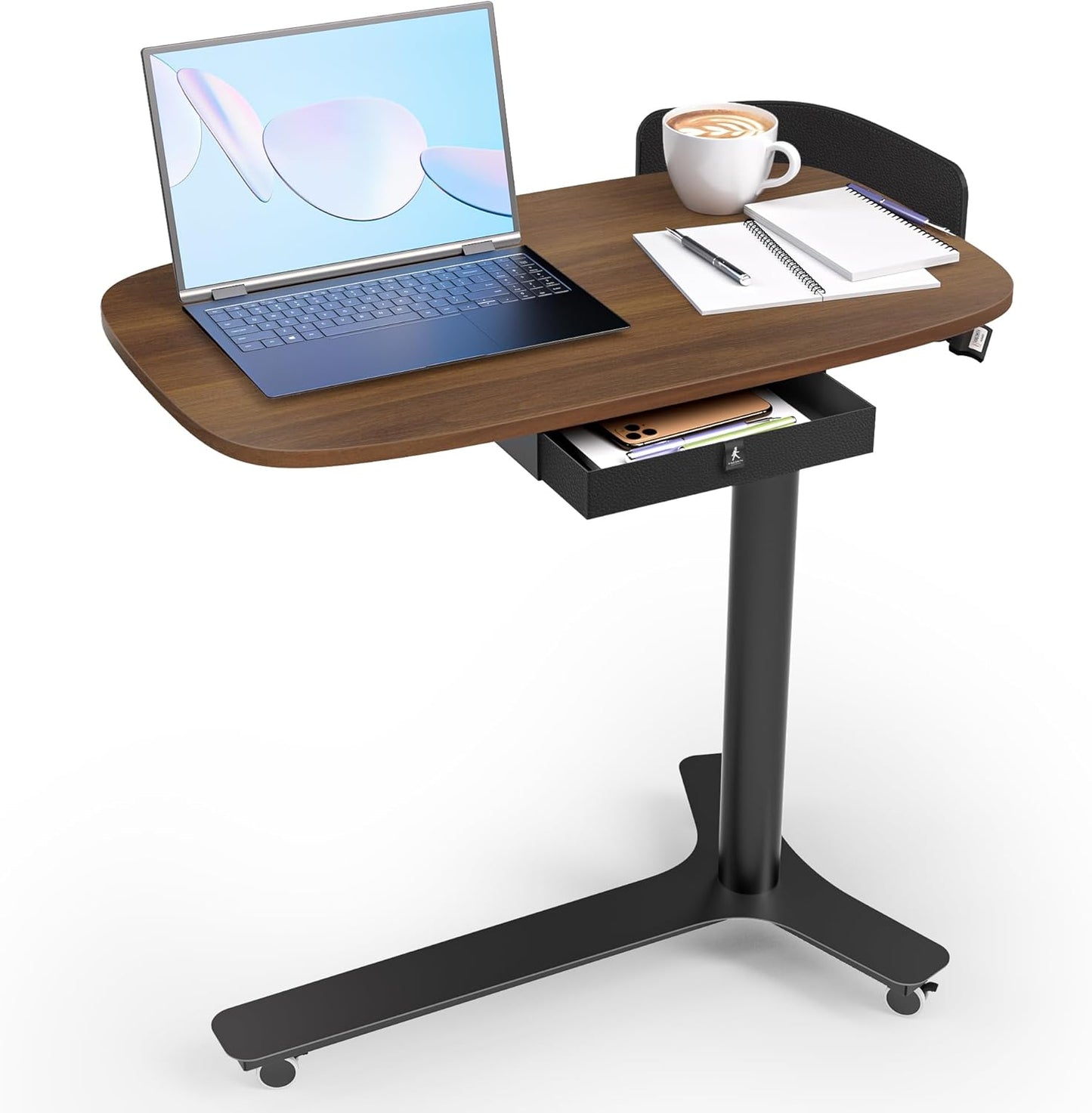 Rolling Adjustable Height Desk with Drawer and Wheels, Portable Small Standing Desk Pneumatic for Home Office, Mobile Computer Laptop Desk Cart, Medical Sofa Overbed Table, Black Walnut