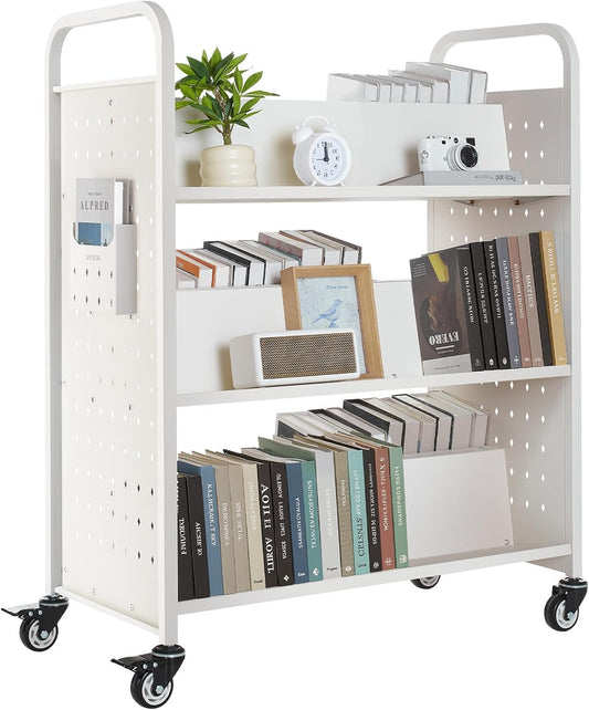 VEVOR Rolling Library Book Cart, 330 lbs Capacity, 38.2 x 20.3 x 48.2-Inch Library Cart, Double Sided W-Shaped Shelves with 3-Inch Lockable Wheels, Book Truck for Home Shelves Office and School, White
