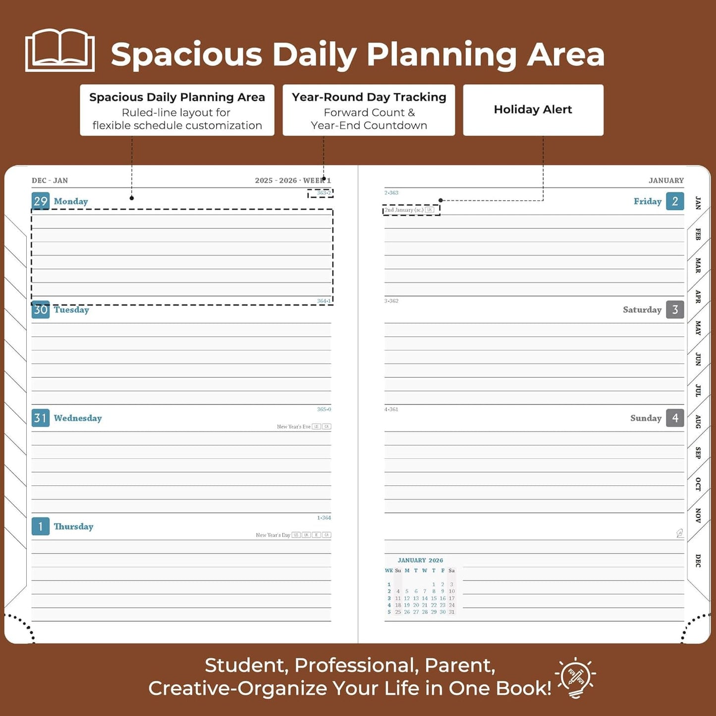Planner 2026 Daily Weekly and Monthly,8.5"x6.5",12 Months Spiral Bound Calendar Agenda with Self-adhesive Pen Holder,2026 Appointment Book with Vegan Leather Soft Cover,Brown