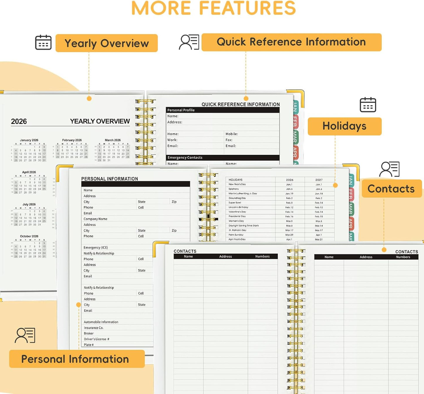 2026 Planner, A5 (6.3"x 8.5") Planner 2026 Jan-Dec, Monthly/Weekly/Daily Tabs with Contacts & Holidays, Hard Cover, Organizer for School and Business Supplies (Leaf)