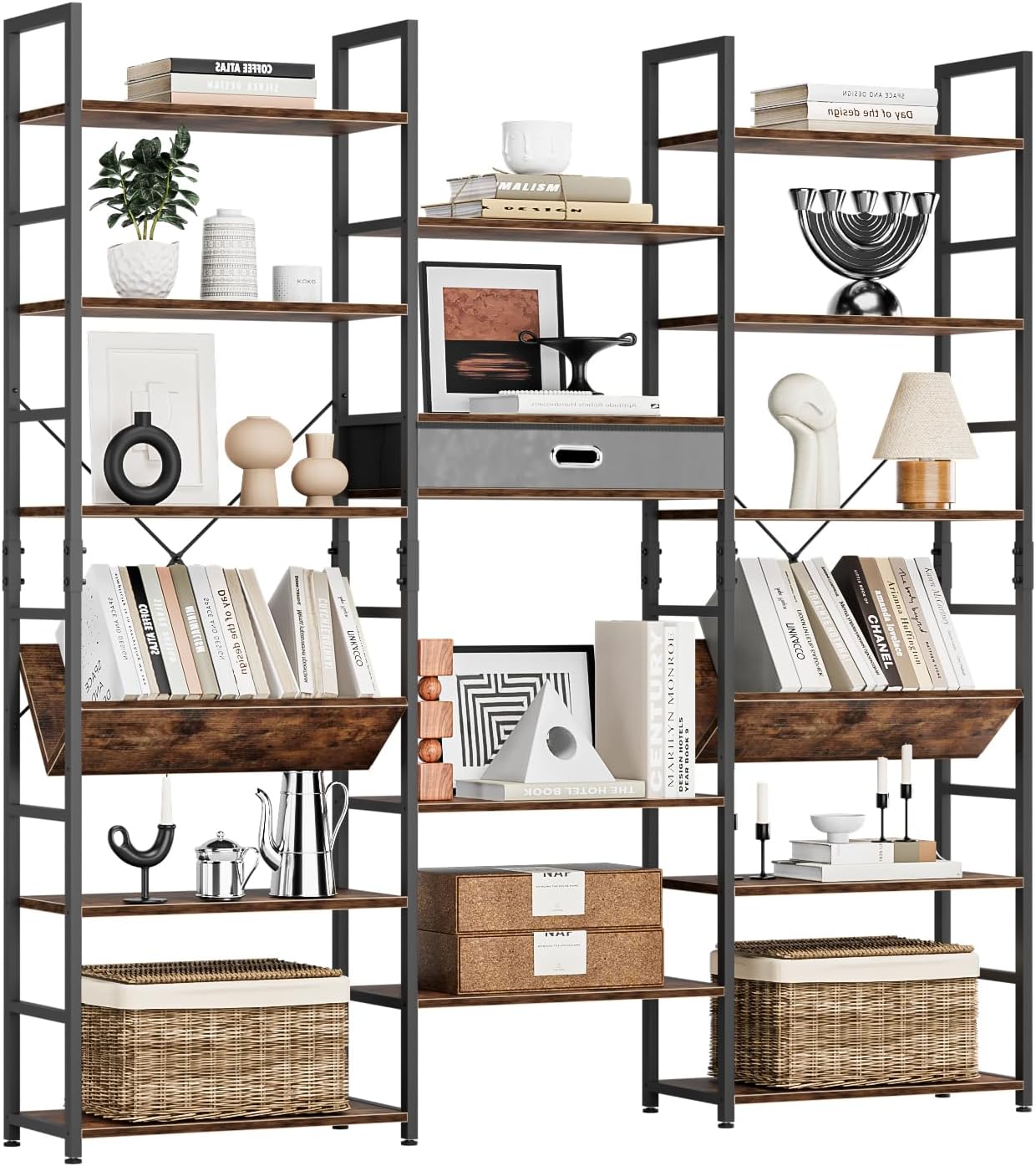 NUMENN Bookcases and Bookshelves Triple Wide 6 Tier Bookshelf, Large Etagere Bookshelf with Storage Drawer, Adjustable Open Display Shelves for Living Room Bedroom Home Office, Vintage