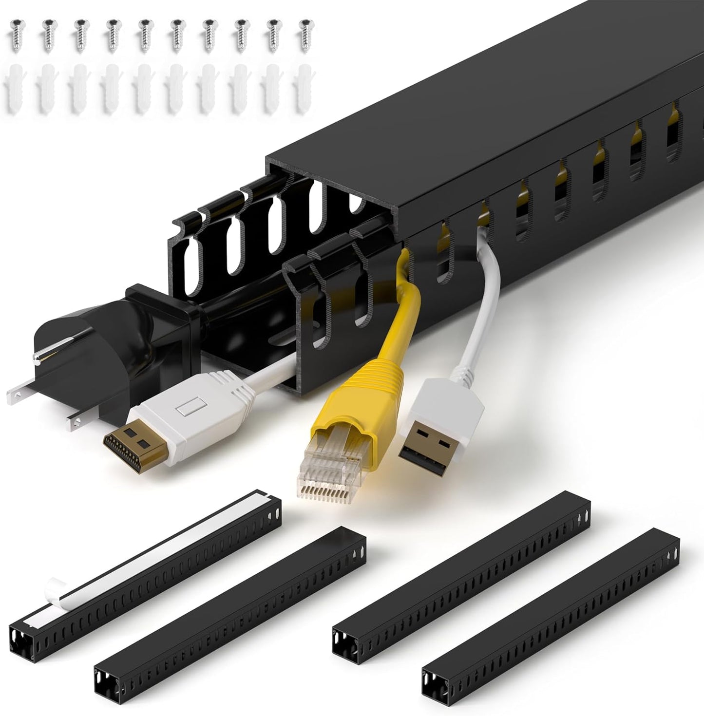 63in(4X L15.7in) Professional Server Rack Cable Management Raceway, H1.4 x W1.6in Cable Raceway Kit, Electrically Safe PVC Open Slot Wire Raceway for Under Desk/Computer/Network Cords, Black