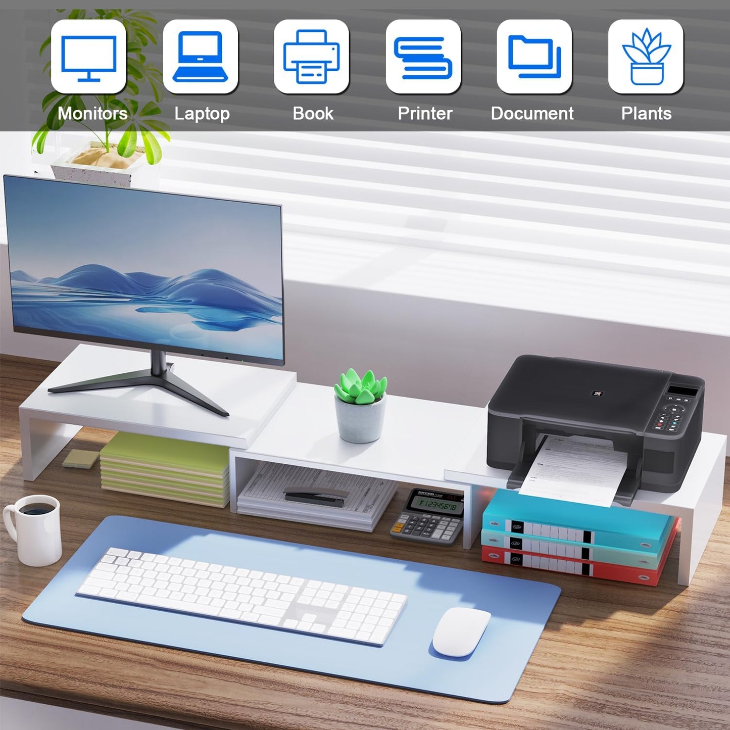 Dual Monitor Stand for Desk, Metal Computer Stand, Desk Shelf Riser,Desktop Organizer for Home and Office Use (White)