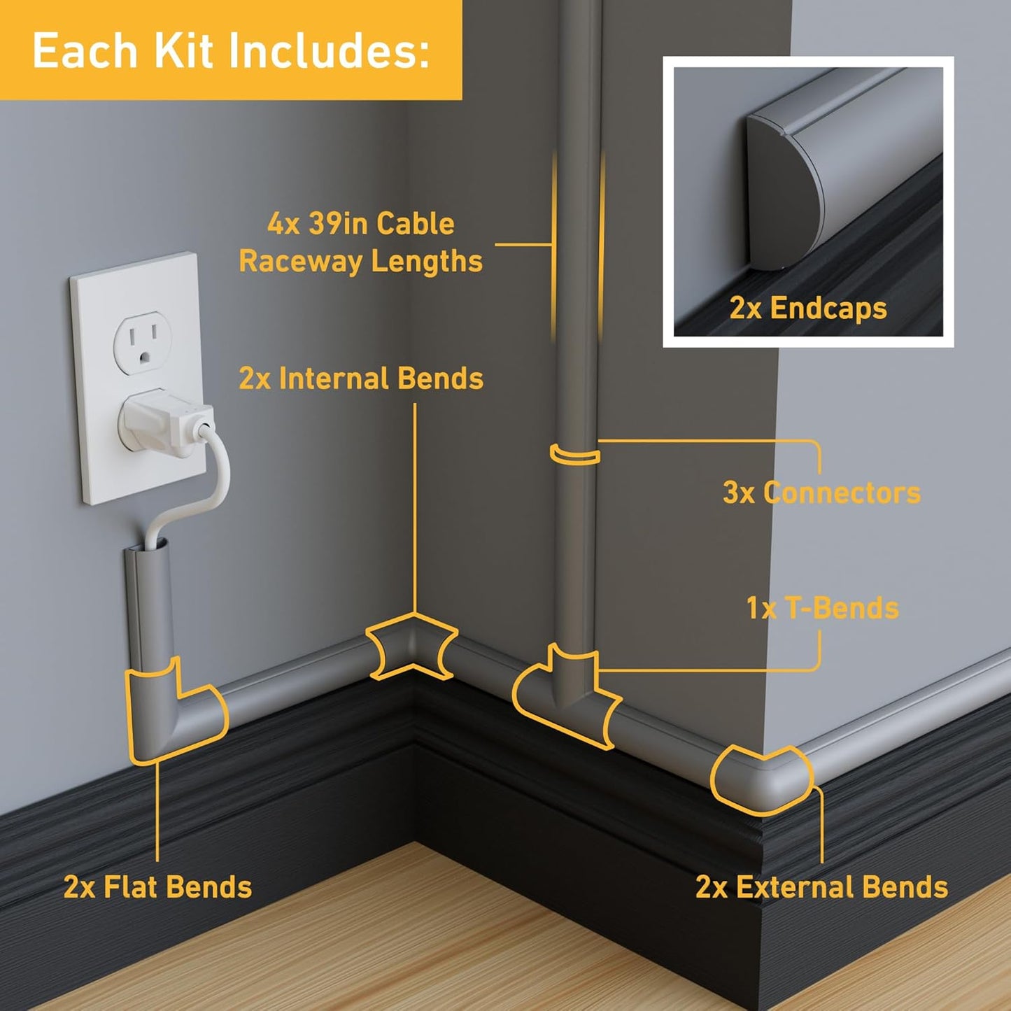 D-Line 13.12ft Cord Hider Kit, Patented Cable Cover, Hide Wires on Wall, Channel for TV Mount Cords, Raceway Wire Hiders, Paintable, Adhesive, Half Round, 4X 1.18in W x 0.59in H x 39in Lengths, Gray
