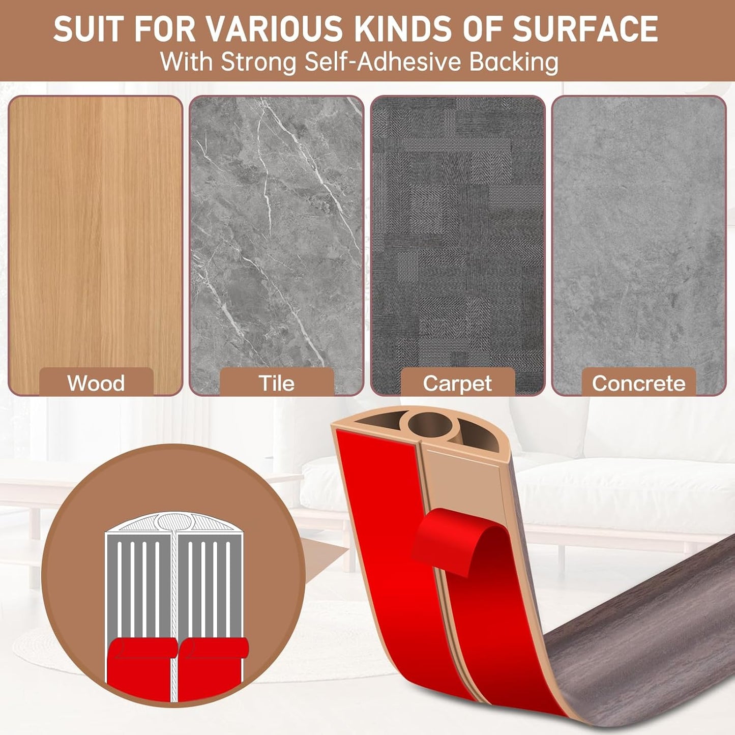 Floor Cord Cover Self Adhesive Cord Hider Floor Extension Cord Covers for Floor Power Cord Protector Cable Management Prevent Cable Trips Cable Cavity 0.32" W x 0.32" H (Brown Walnut Wood, 10Ft)