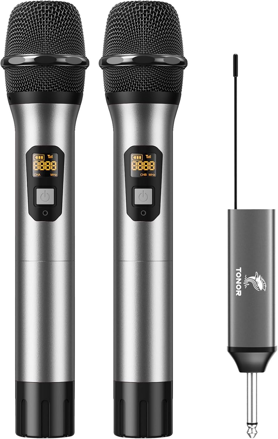 TONOR Wireless Microphones, UHF Dual Cordless Metal Dynamic Mic System with Rechargeable Receiver, for Karaoke Singing, Wedding, DJ, Party, Speech, Church, Class Use, 200ft TW630 Silver