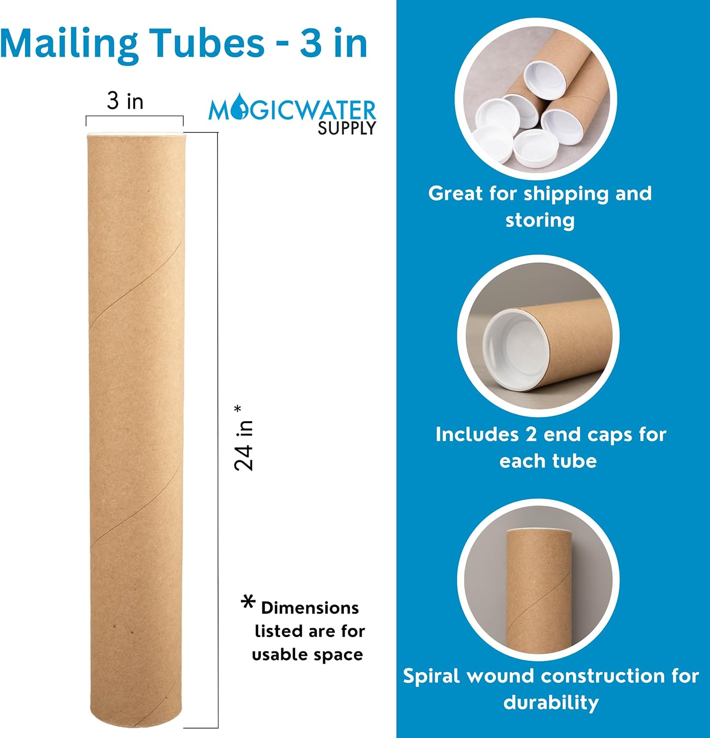 MagicWater Supply Mailing Tube - 3 in x 24 in - Kraft - 4 Pack - for Shipping and Storage of Posters, Arts, Crafts, and Documents