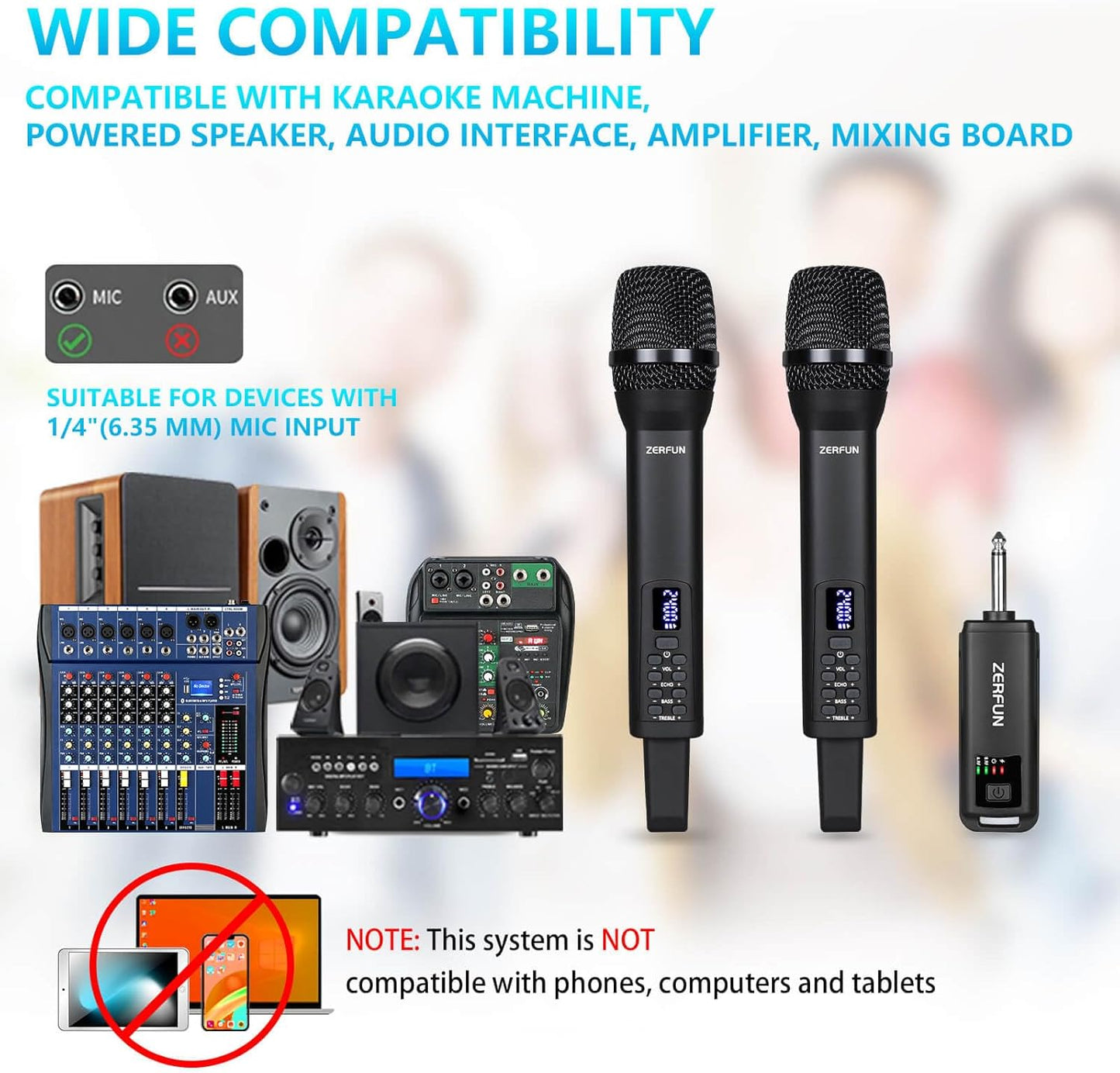 Rechargeable Wireless Microphones Dual, Pro Handheld Cordless Mics System Dynamic with Echo Treble BASS VOL Control for Karaoke Singing Church Party, 1/4'' Output, D240, Black
