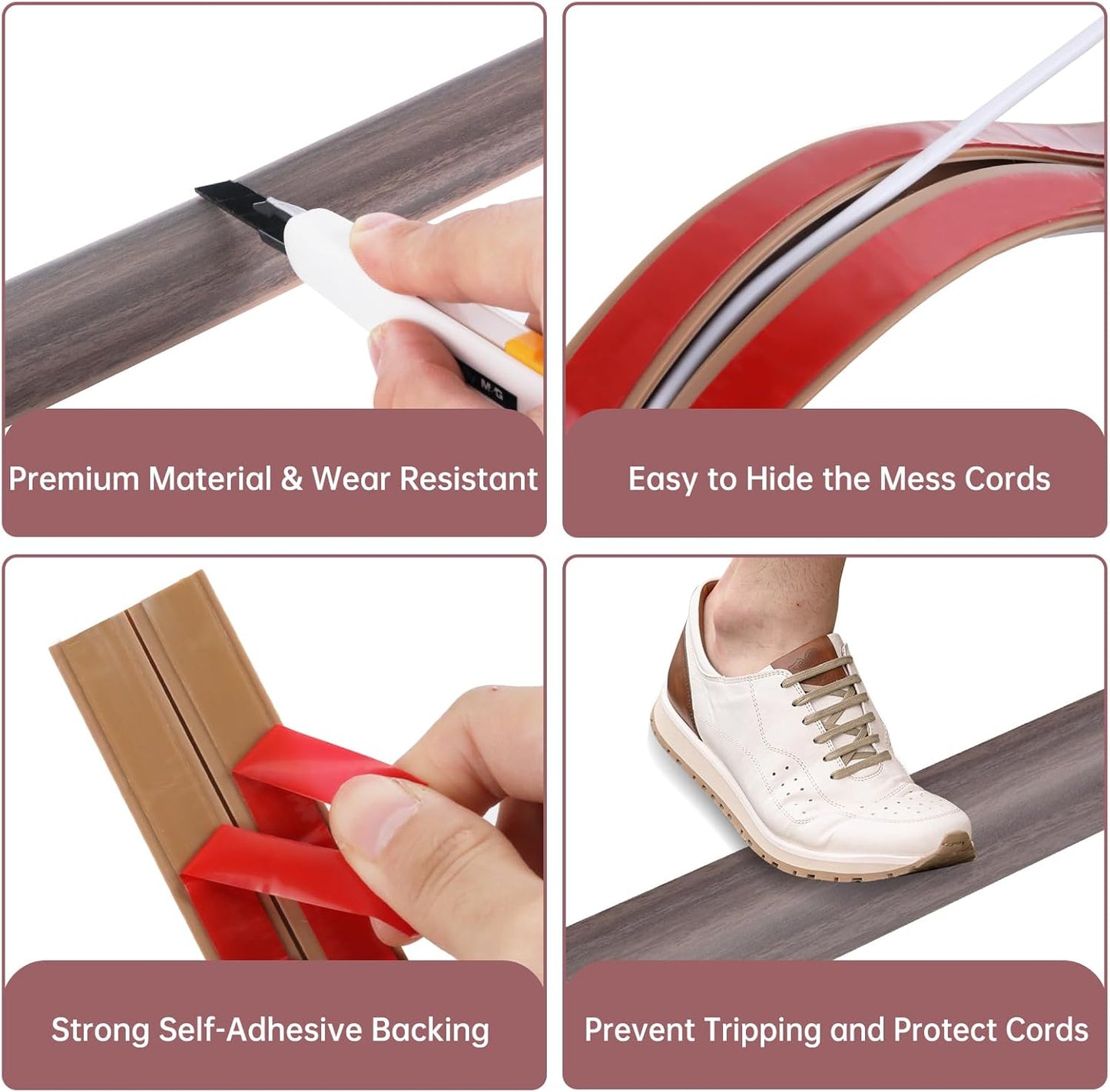 Floor Cord Cover Self Adhesive Cord Hider Floor Extension Cord Covers for Floor Power Cord Protector Cable Management Prevent Cable Trips Cable Cavity 0.59" W x 0.31" H (Brown Walnut Wood, 10Ft)