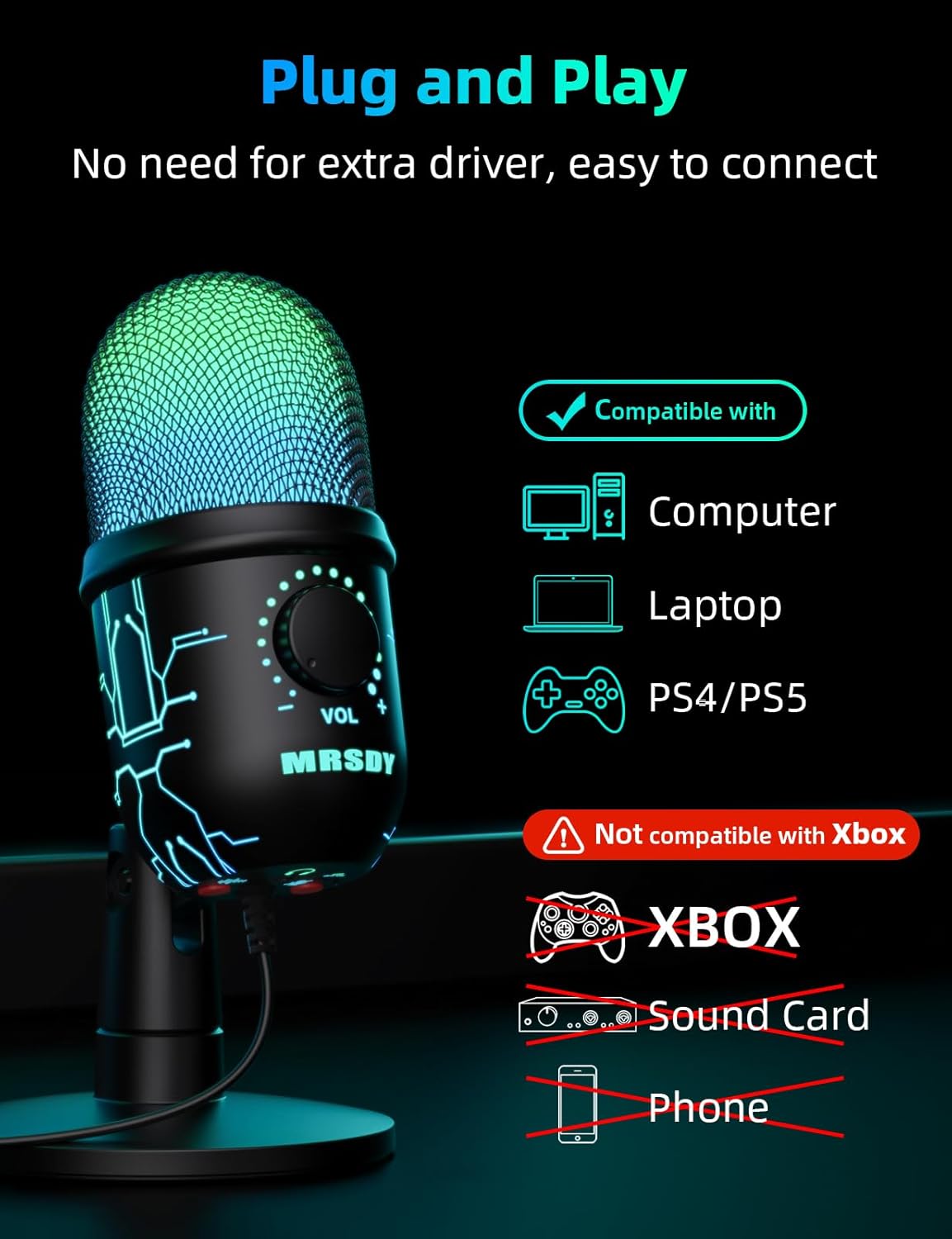 USB Microphone for PC, Mac, PS4, PS5, RGB Computer Microphone with Monitor, Mute and Noise Reduction, Great for Recording, Streaming, Gaming, Podcasting