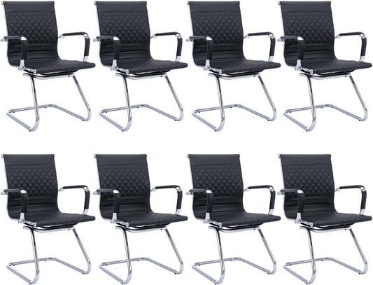 Office Guest Chairs - Set of 8 Modern PU Leather Mid Back Desk Chairs in Black