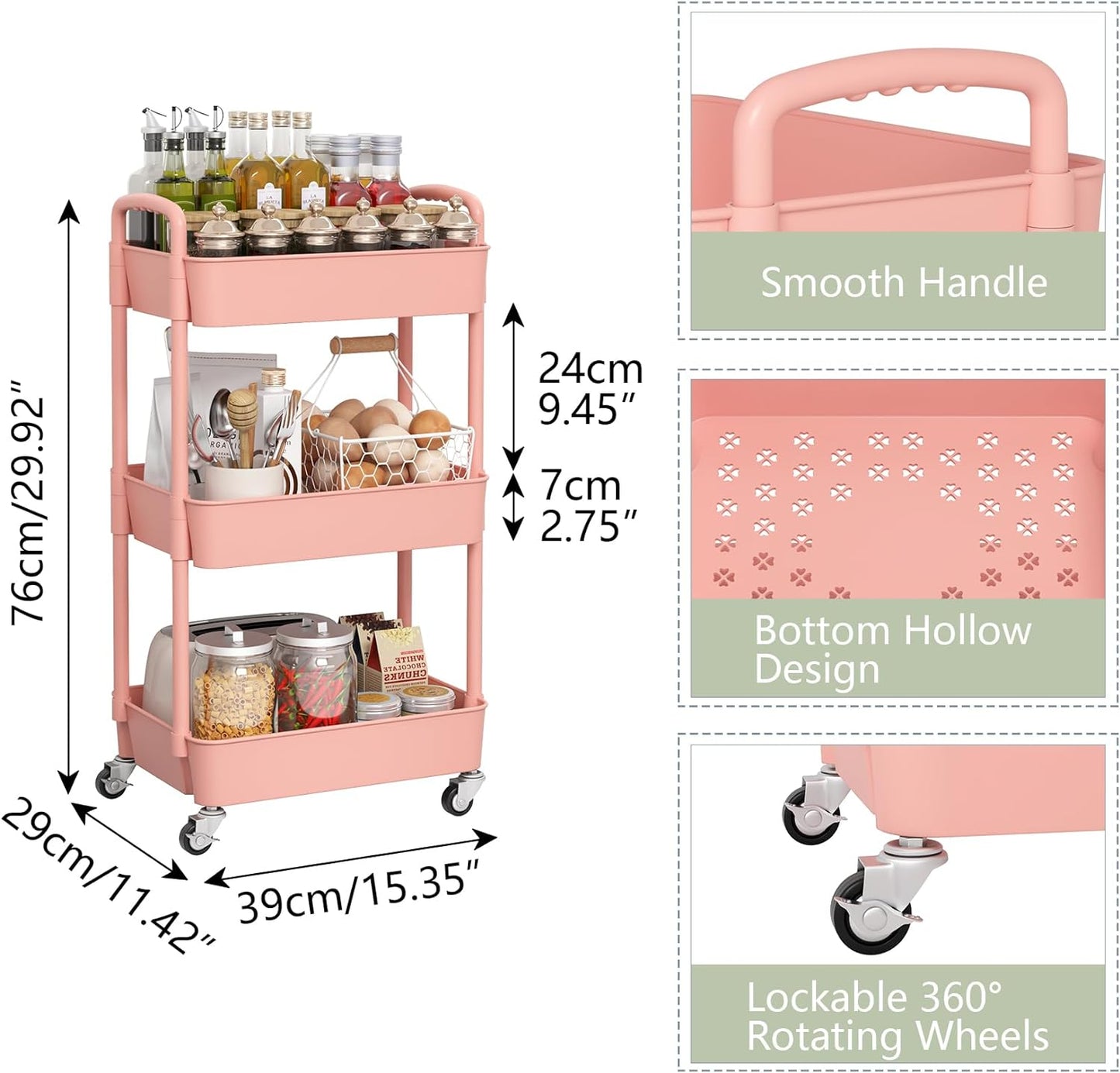 Sywhitta 3-Tier Plastic Rolling Utility Cart with Handle, Multi-Functional Storage Trolley for Office, Living Room, Kitchen, Movable Storage Organizer with Wheels, Pink