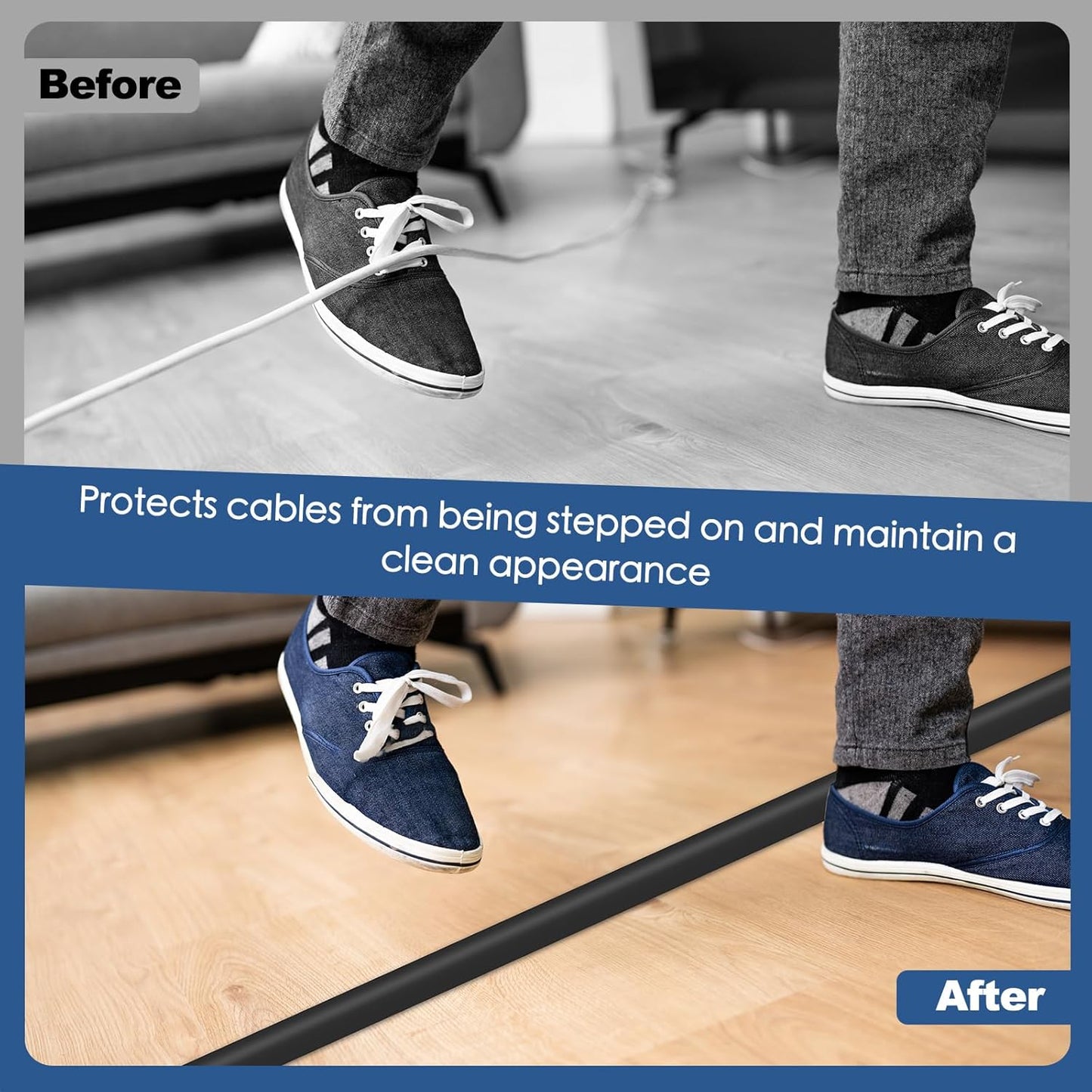 Floor Cord Cover for Wires on Floor Self Adhesive Cord Hider Floor Cable Management Wire Covers for Cords Protector Prevent Cable Trips Cord Cavity W 0.51" x H 0.31", Black, 10Ft