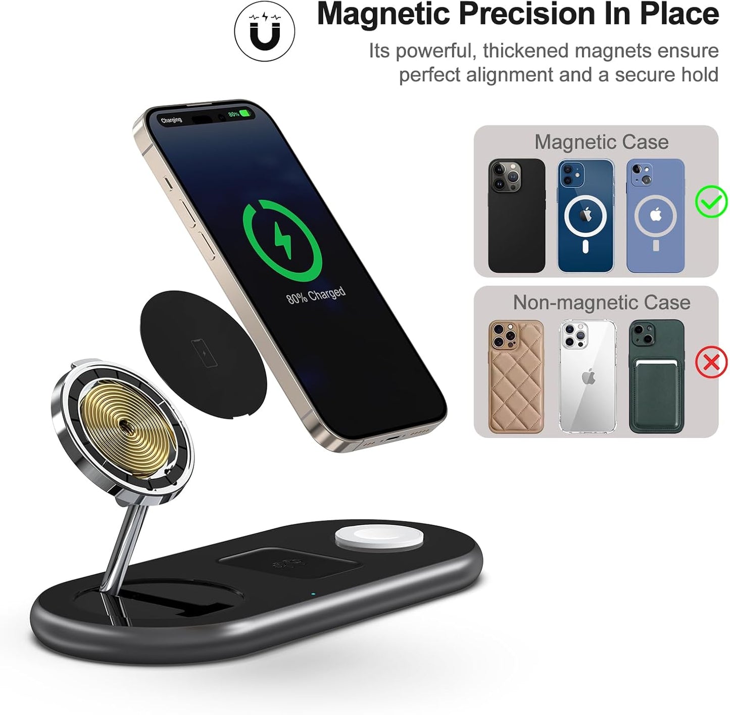 3 in 1 Charging Station for Apple Devices, Faster Mag-Safe Charger Stand, Magnetic Wireless Charger Station for iPhone 16 15 14 13 12 Series, for iWatch Ultra 10 9 8 7 SE 6 5 4 3, for AirPods (Black)
