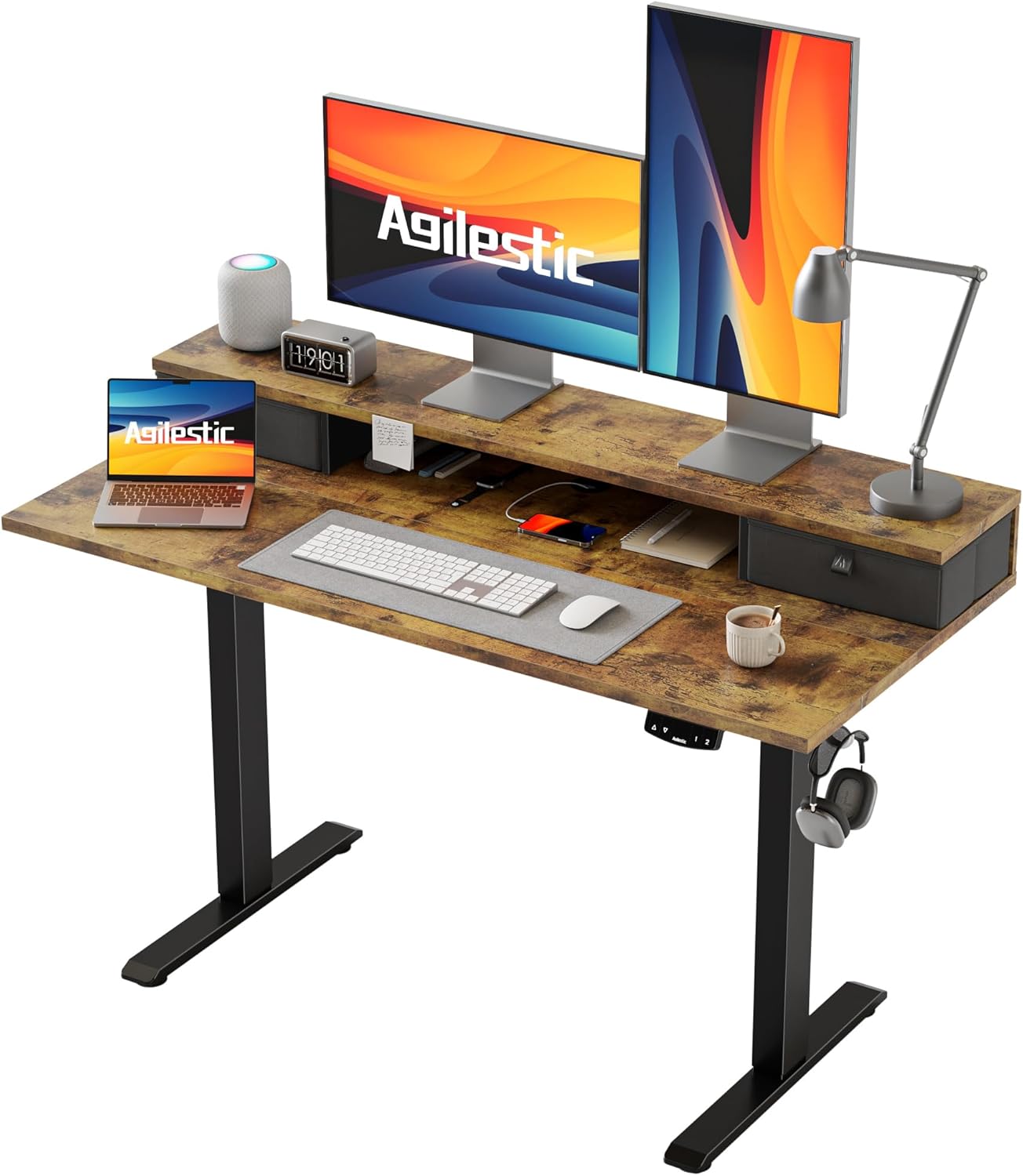 Agilestic Electric Standing Desk with 2 Drawers, 48 x 23 Inches Height Adjustable Desk, 2 Fabric Drawers, Rustic Brown