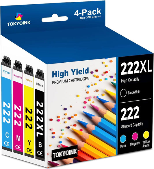 TOKYOINK 222XL Ink Cartridges Combo Pack Remanufactured Replacement for 222 Ink Cartridge 222 XL for Printer XP-5200 WF-2960 Printer Ink (Black, Cyan, Magenta, Yellow 4 Pack)