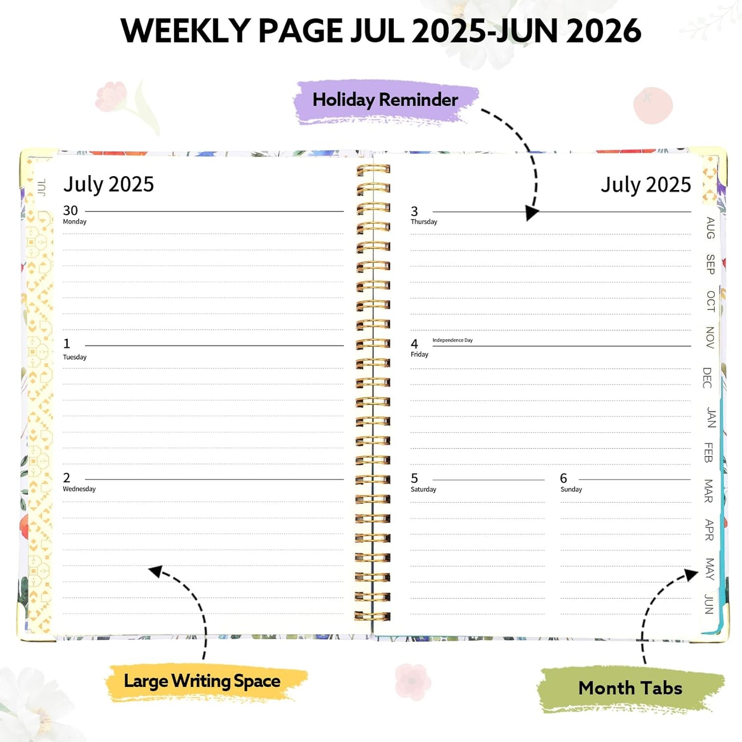 2025-2026 Academic Planner, A5 (6.5" x 8.5") Weekly and Monthly Planner, July 2025 - June 2026, Calendar Planner with Tabs, Inner Pocket for Home School Office Supplies, Red Flower