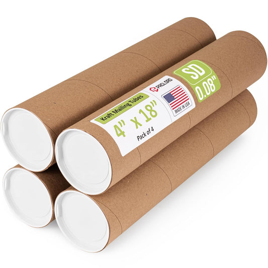 4" x 18" Reinforced Kraft Paper Mailing Tube, Pack of 4 Tubes with 8 Caps – Secure USPS Approved Poster Tube – Cardboard Tube for Shipping and Storing Posters, Prints, Artwork, or Documents