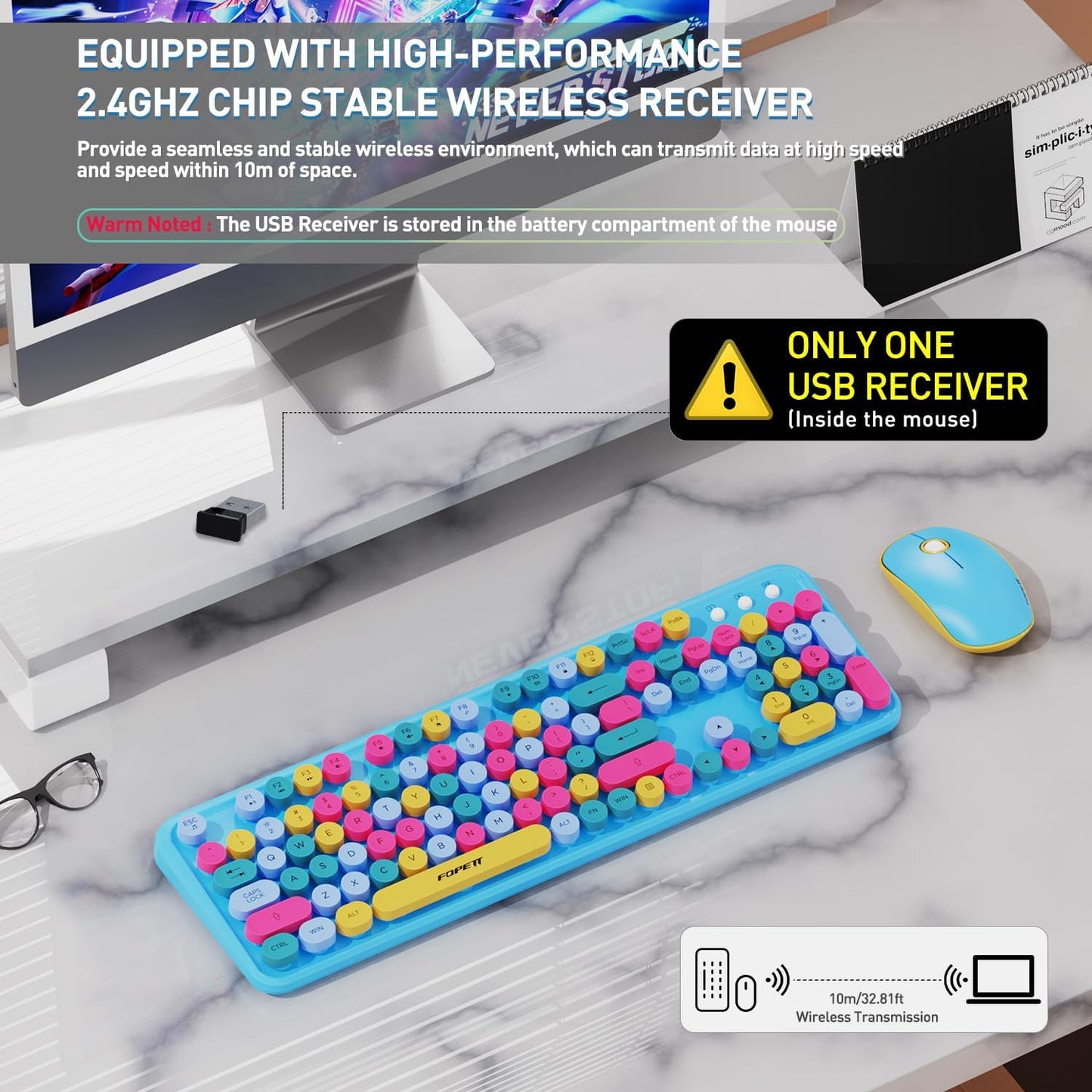 FOPETT 2.4GHz Wireless Keyboard and Mouse Set with Switch Button - Full-Size Keyboard - Compatible for Windows/Laptop/PC/Notebook/Smart TV and More - Blue Colorful