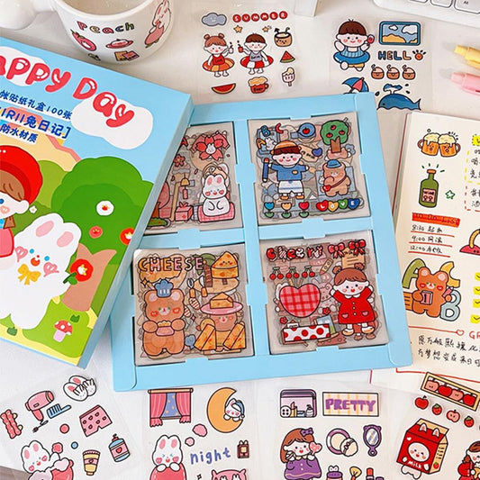 Cute Cartoon Kawaii Scrapbook Stickers - 100 Sheets Transparent Sticker for Junk Journal Planner Album Calendars Notebook DIY Craft Decor