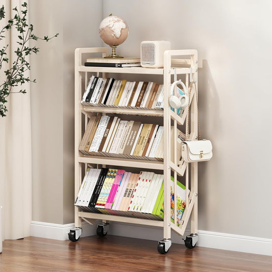 Bookshelf Movable Book Cart Multi-Layer Storage Rack Large-Capacity Rolling Cart L-Shaped Carbon Steel Shelf Suitable for Storing Books, Magazines, Newspapers, Shoes