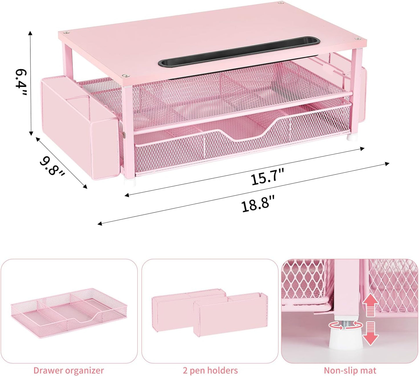 AUPSEN Pink Desk Organizers and Accessories, 2-Tier Wood Computer Monitor Stand with Drawer, Pen Storage & Phone Holder, Office Desk Accessories, Workspace Desktop Organization for Office Supplies