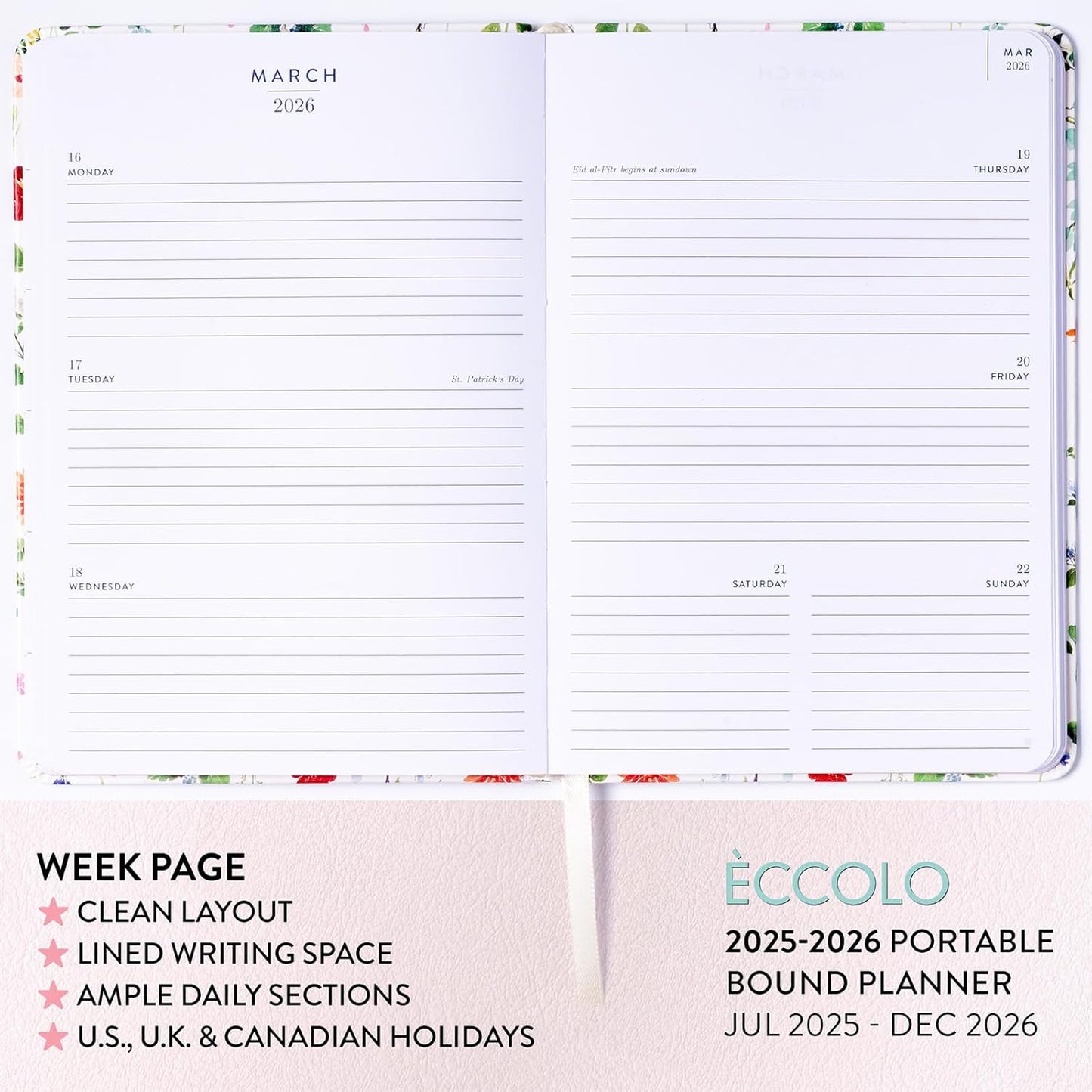 2025-2026 Eccolo 18 Month Bound Planner, Monthly & Weekly Pages (5.25 x 7.75" - July 2025 to Dec 2026 - Watercolor Flowers)