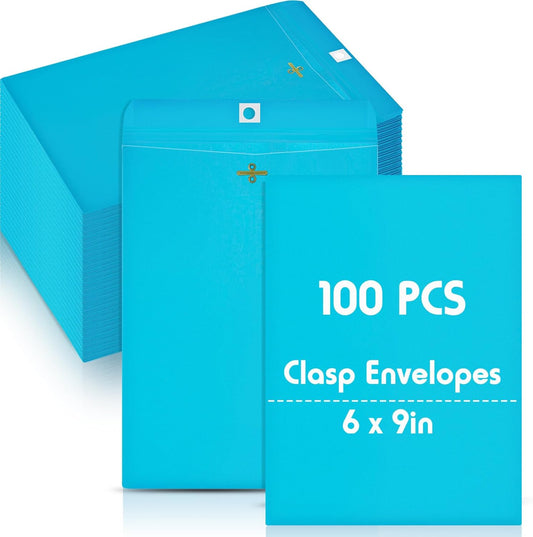 Geyee 100 Pcs Clasp Manilla Envelopes 6 x 9 Inch Gummed Colored Envelopes for Storing or Mailing for Home Office Business Supplies(Blue)