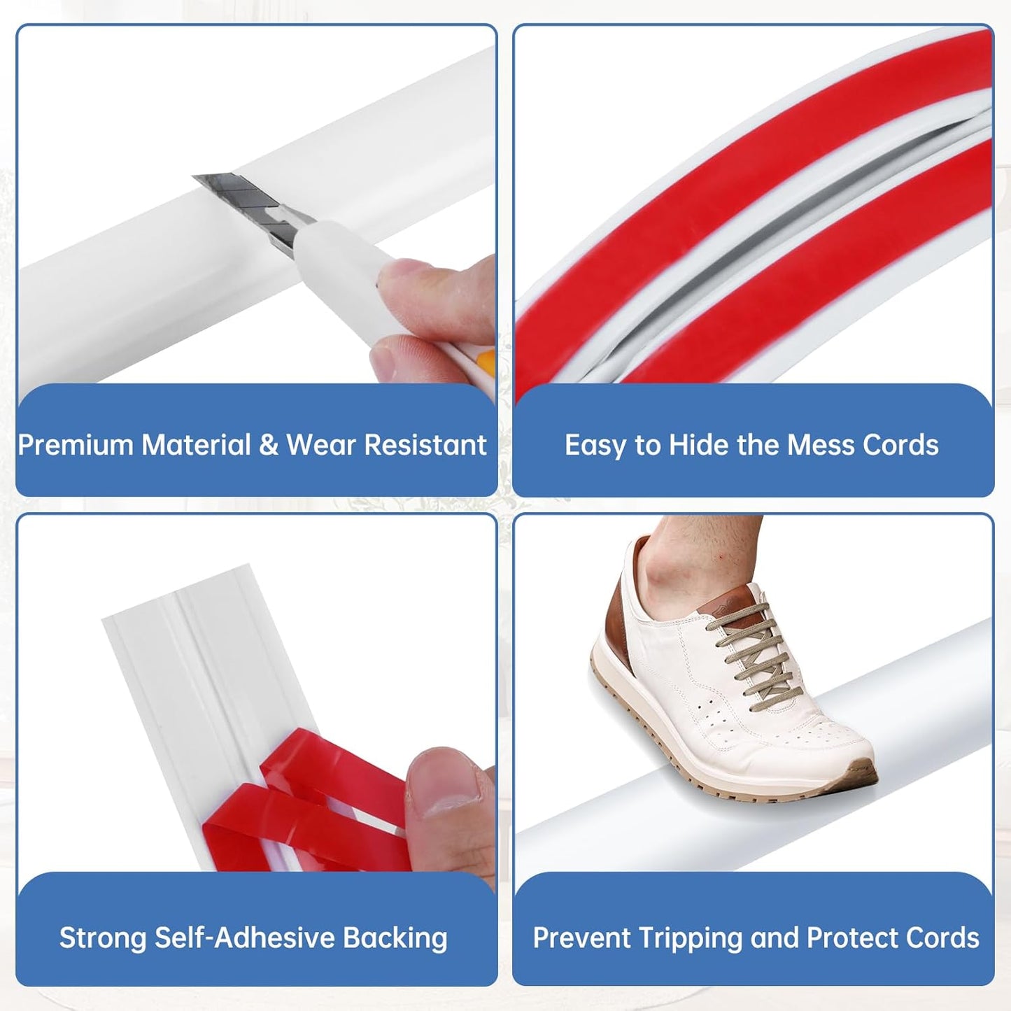 Floor Cord Cover Self Adhesive Cord Hider Floor Extension Cord Covers for Floor Power Cord Protector Cable Management Prevent Cable Trips Cable Cavity 0.51" W x 0.31" H (White, 20Ft)