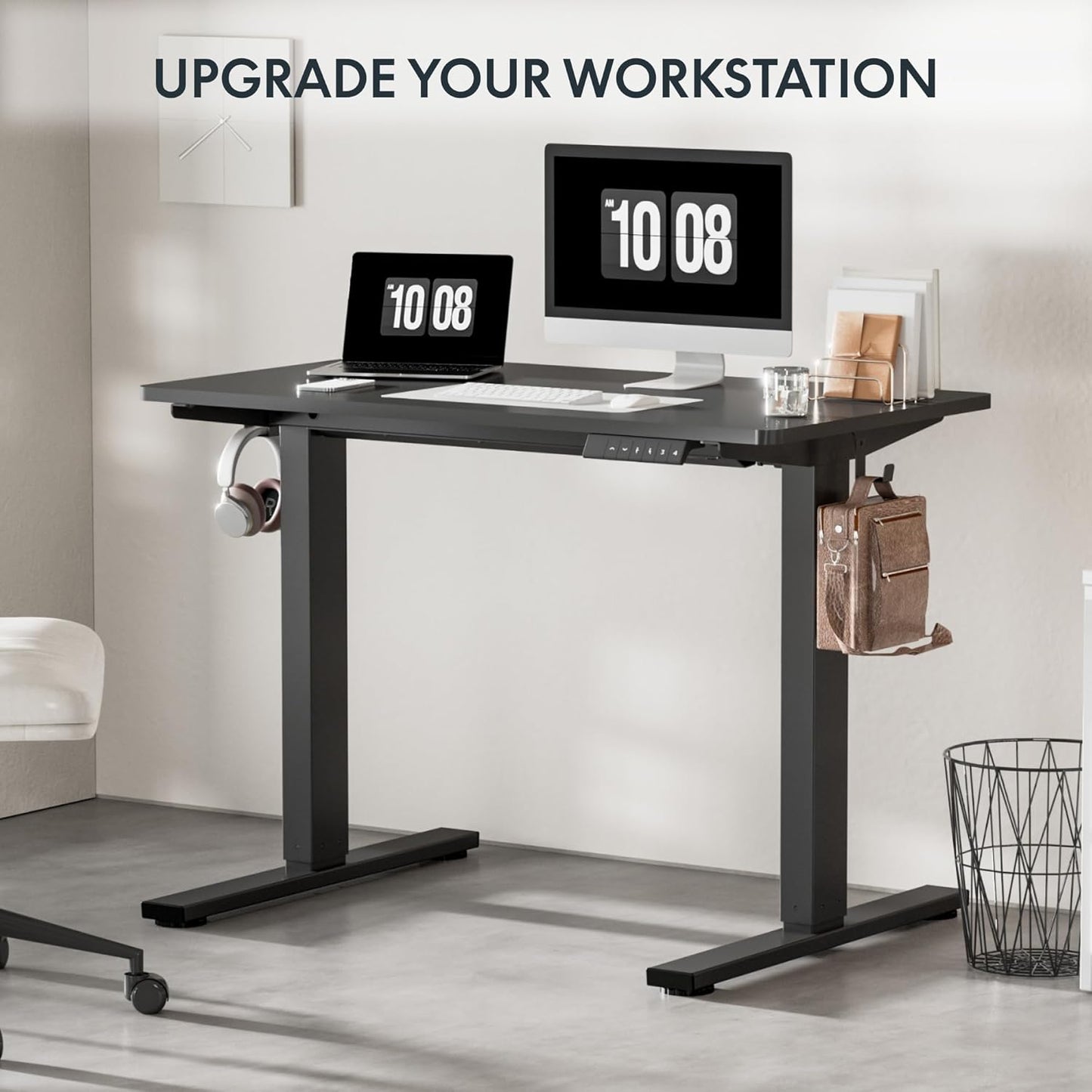 FLEXISPOT EN1 Whole-Piece Standing Desk 48 x 24 Inches Electric Height Adjustable Desk for Home Office (Black Frame + Black Table Top)