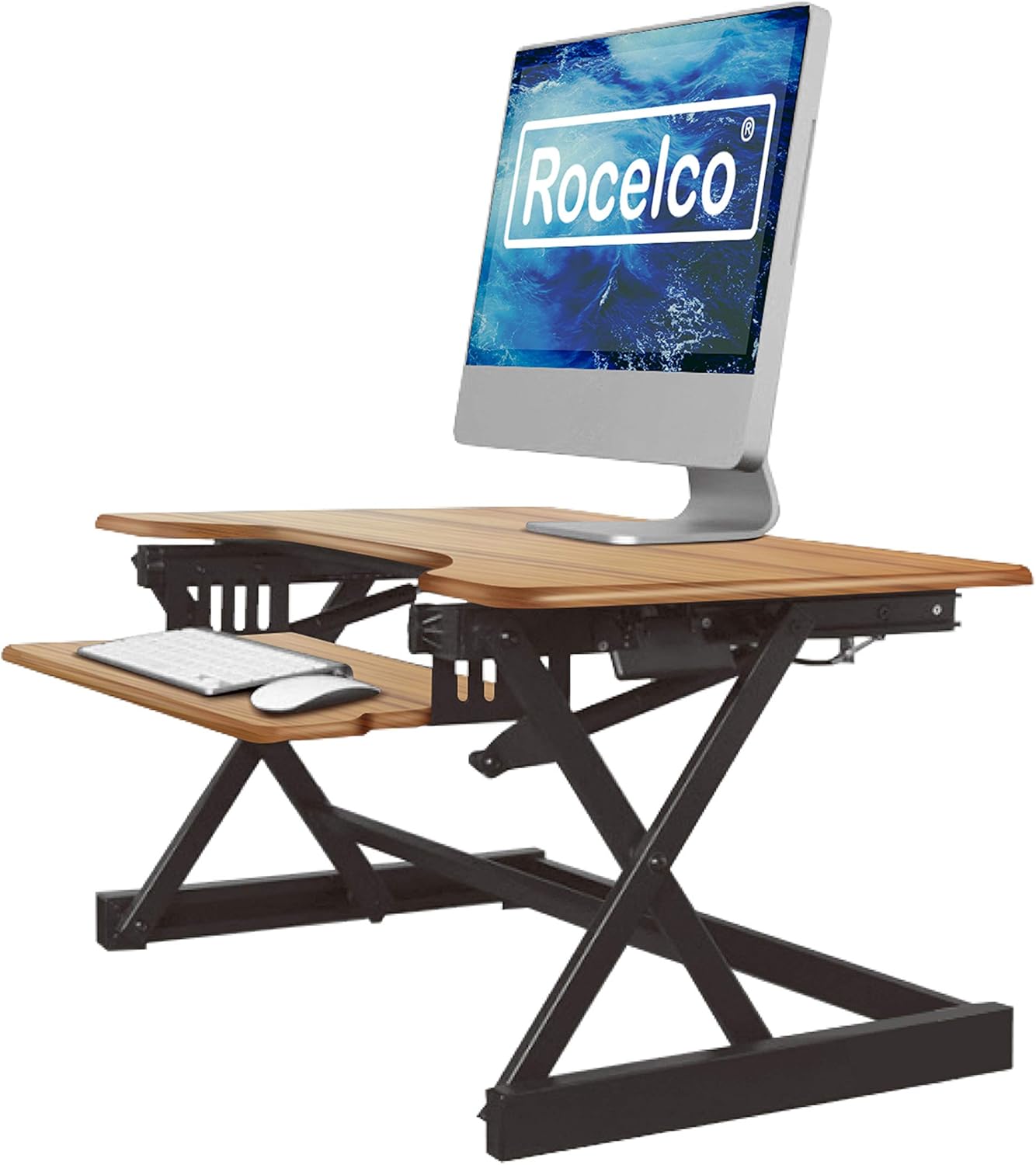 Rocelco 32" Height Adjustable Standing Desk Converter BUNDLE - Sit Stand Computer Workstation Riser with Anti Fatigue Mat - Dual Monitor Retractable Keyboard Tray - Teak Wood Grain (R EADRT-MAFM)